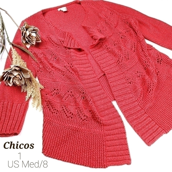 Chicos Red Coral Open Knit Cardigan Sz 1 (U.S. Med / 8) - Picture 1 of 14